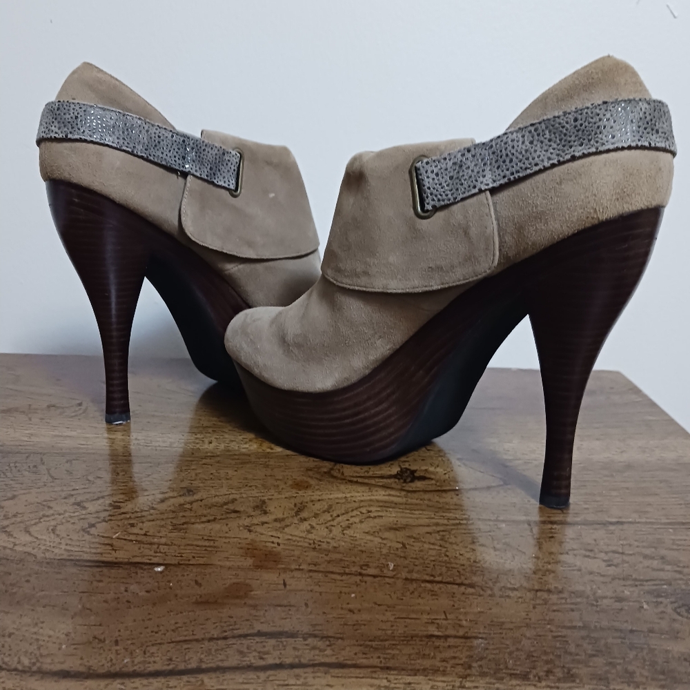 Auri Shoes Heels Platform Leather Size 9 Marilyn Mink Tan Buckle Seude